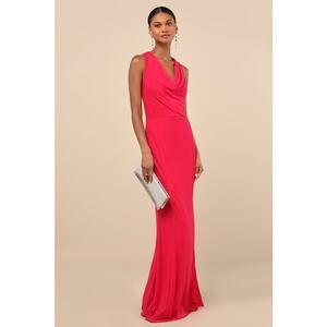 NWT Lulus Stunning Mystery Fuchsia Mesh Cowl Back Mermaid Maxi Dress Banquet L